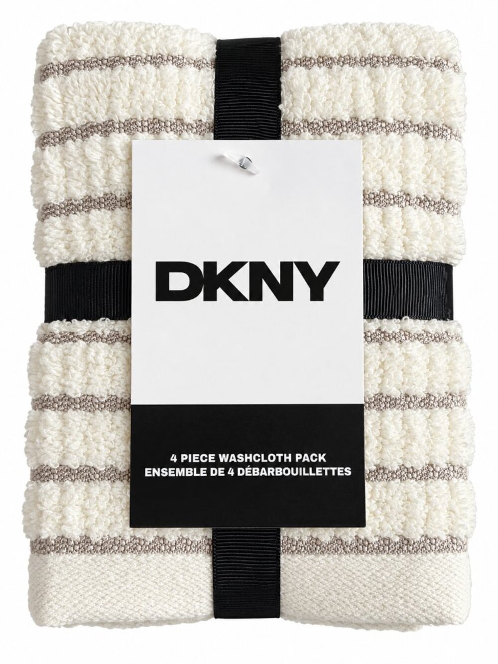 DKNY Facecloths Washcloths Set of 4 Textured Ivory Gray Stripes 100% Cotton